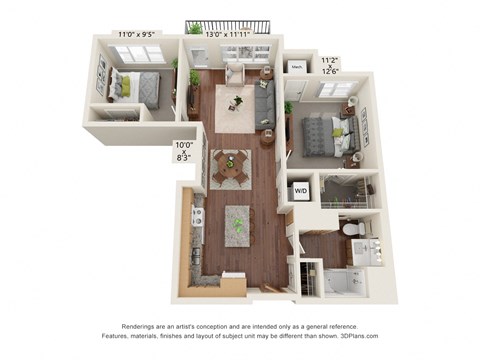 Floor plan for 2 beds, 1 bath, 929 sqft